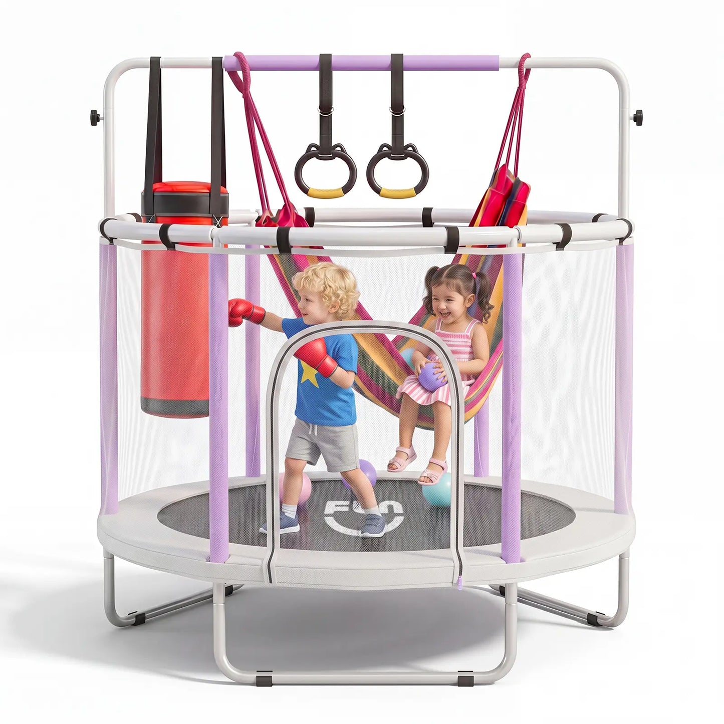 FUNSEEK 55-Inch Kids Trampoline with Safety Enclosure, Indoor and Outdoor Toddler Trampoline Featuring Basketball Hoop, Adjustable Gymnastics Bar, and Accessories, Easy Assembly, Suitable for Active Play, 132 lbs Weight Capacity