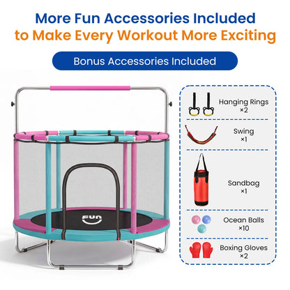 FUNSEEK 55-Inch Kids Trampoline with Safety Enclosure, Indoor and Outdoor Toddler Trampoline Featuring Basketball Hoop, Adjustable Gymnastics Bar, and Accessories, Easy Assembly, Suitable for Active Play, 132 lbs Weight Capacity