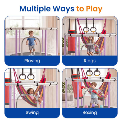 FUNSEEK 55-Inch Kids Trampoline with Safety Enclosure, Indoor and Outdoor Toddler Trampoline Featuring Basketball Hoop, Adjustable Gymnastics Bar, and Accessories, Easy Assembly, Suitable for Active Play, 132 lbs Weight Capacity