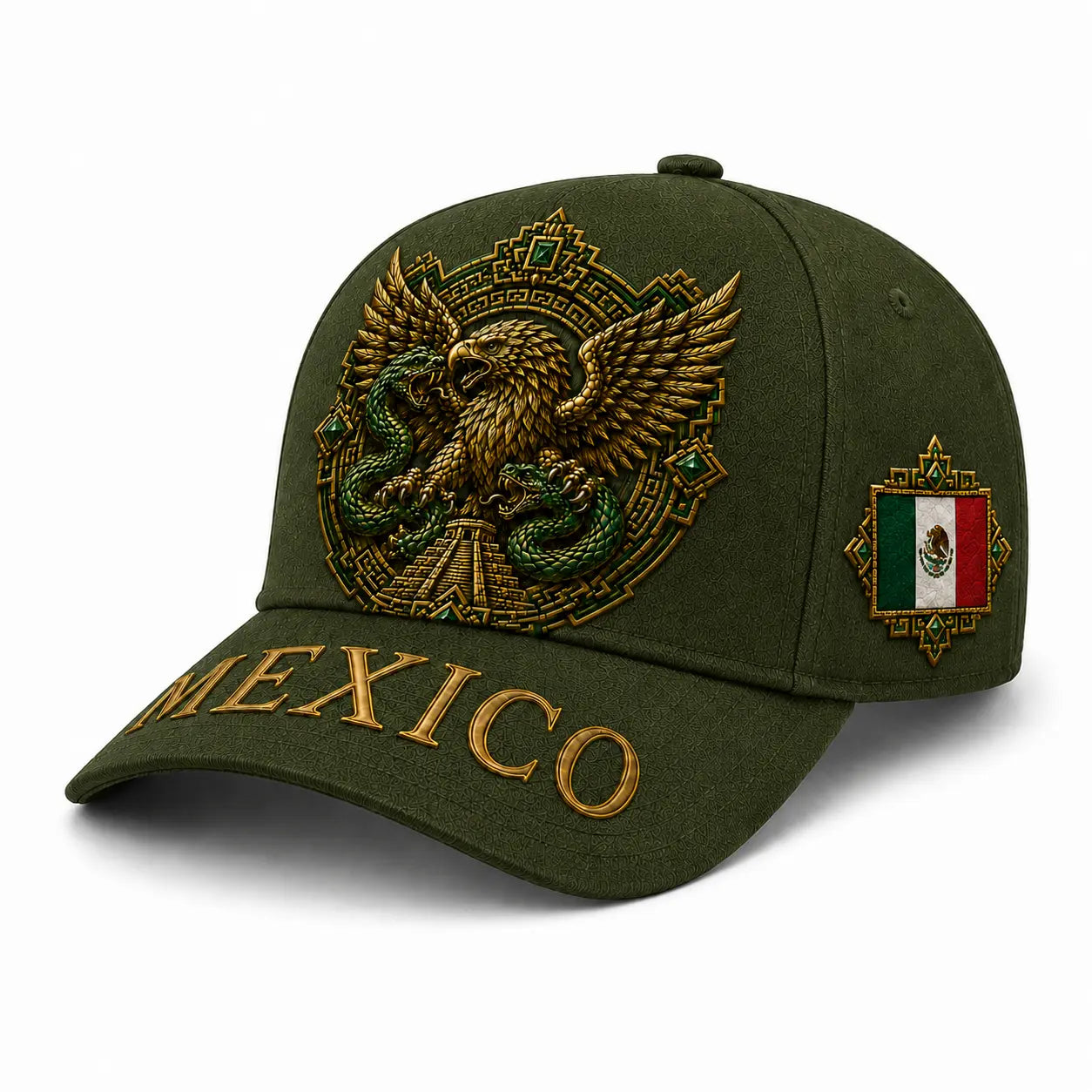 Premium Black Mexico Baseball Cap with Aztec Eagle and Serpent Gold Embroidery, Featuring Mexican Flag Patch - Curved Brim Hat for Men and Women, Ideal for Casual Outdoor Events, Fiesta Celebrations, and Sports Enthusiasts