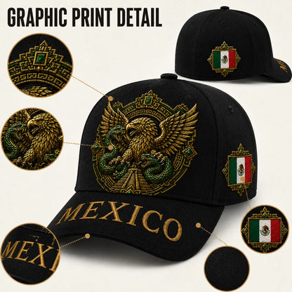 Premium Black Mexico Baseball Cap with Aztec Eagle and Serpent Gold Embroidery, Featuring Mexican Flag Patch - Curved Brim Hat for Men and Women, Ideal for Casual Outdoor Events, Fiesta Celebrations, and Sports Enthusiasts