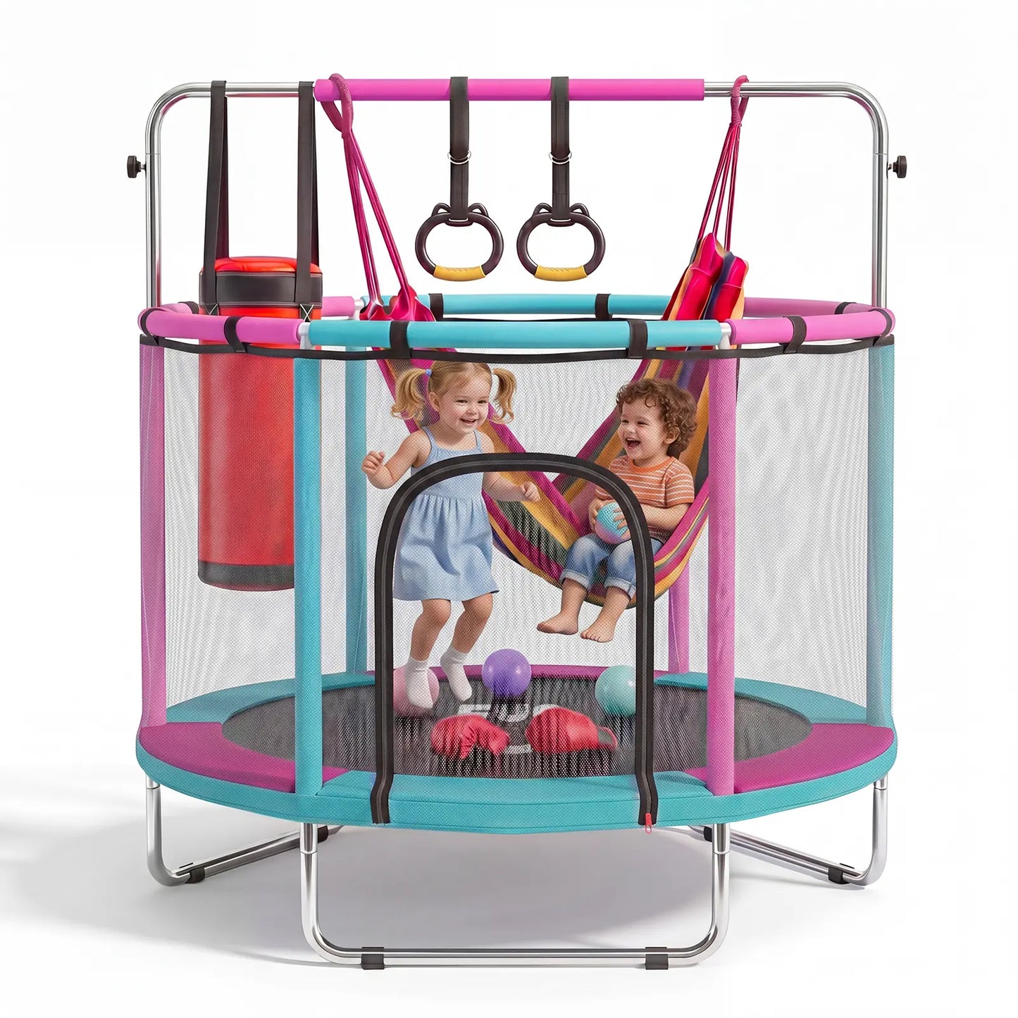 FUNSEEK 55-Inch Kids Trampoline with Safety Enclosure, Indoor and Outdoor Toddler Trampoline Featuring Basketball Hoop, Adjustable Gymnastics Bar, and Accessories, Easy Assembly, Suitable for Active Play, 132 lbs Weight Capacity