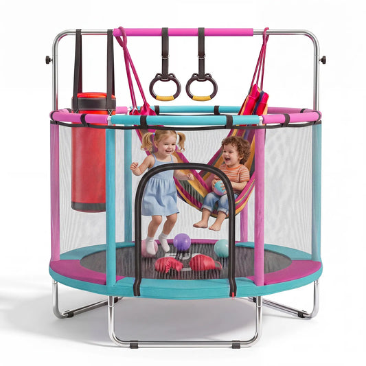 FUNSEEK 55-Inch Kids Trampoline with Safety Enclosure, Indoor and Outdoor Toddler Trampoline Featuring Basketball Hoop, Adjustable Gymnastics Bar, and Accessories, Easy Assembly, Suitable for Active Play, 132 lbs Weight Capacity