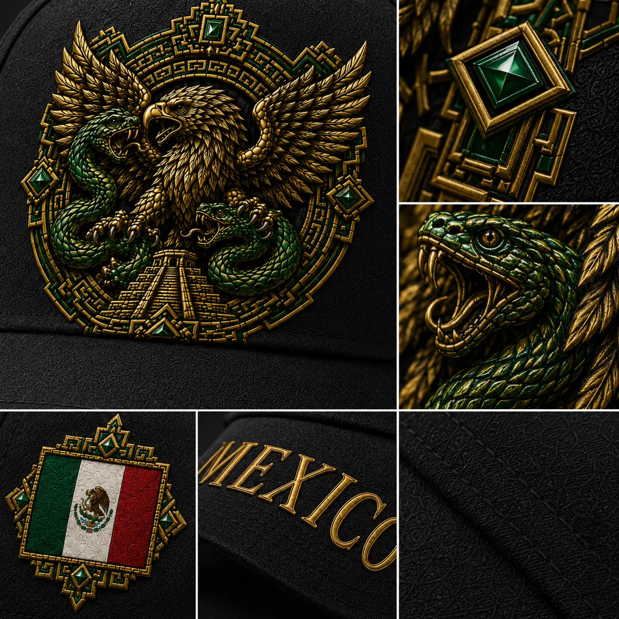 Premium Black Mexico Baseball Cap with Aztec Eagle and Serpent Gold Embroidery, Featuring Mexican Flag Patch - Curved Brim Hat for Men and Women, Ideal for Casual Outdoor Events, Fiesta Celebrations, and Sports Enthusiasts
