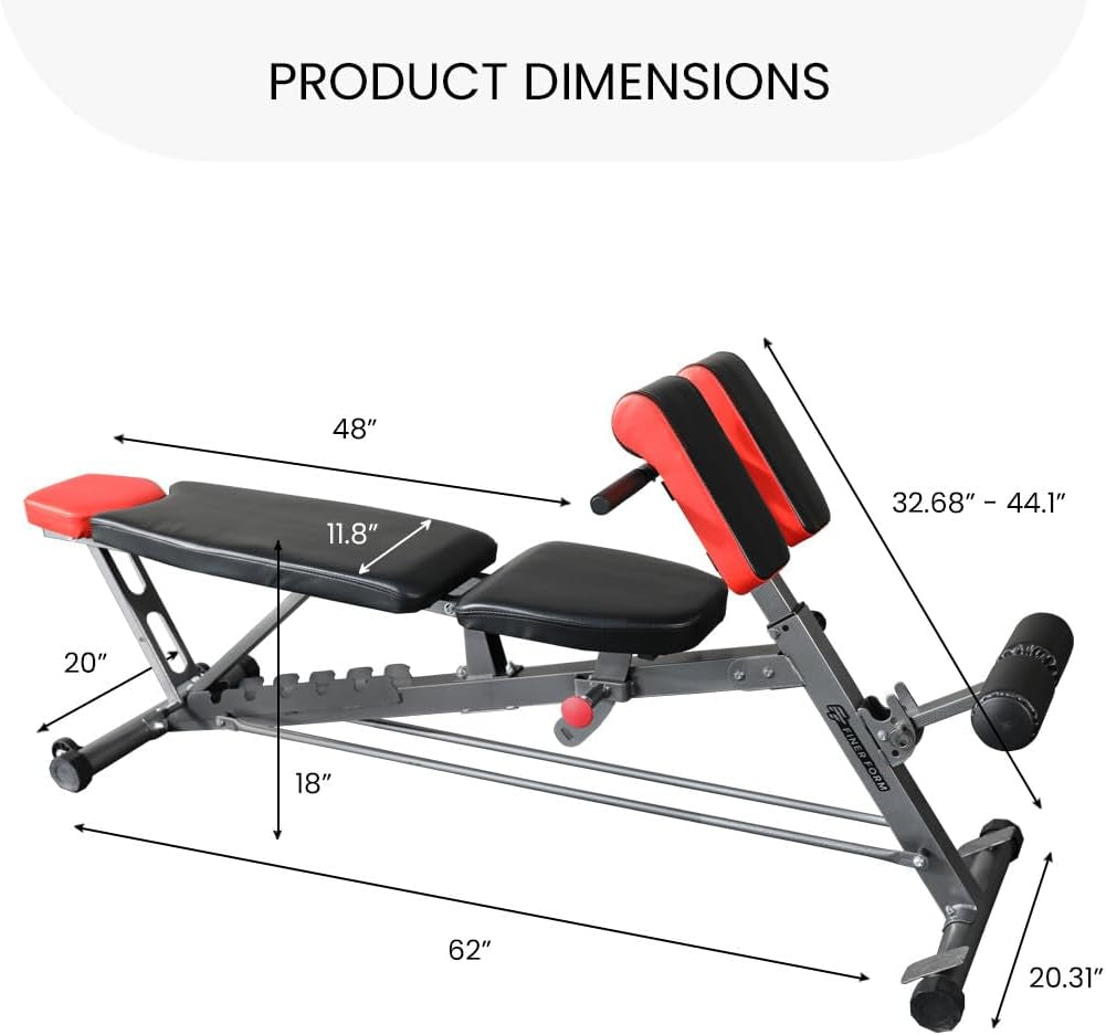 Finer Form Multi-Functional FID Weight Bench for Comprehensive Full-Body Workouts – Includes Hyper Back Extension, Roman Chair, Adjustable Ab Sit-Up Bench, Incline/Decline Bench, and Flat Bench