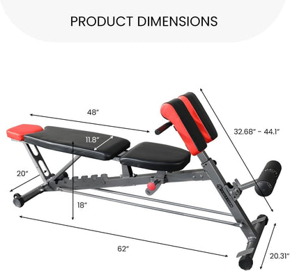 Finer Form Multi-Functional FID Weight Bench for Comprehensive Full-Body Workouts – Includes Hyper Back Extension, Roman Chair, Adjustable Ab Sit-Up Bench, Incline/Decline Bench, and Flat Bench