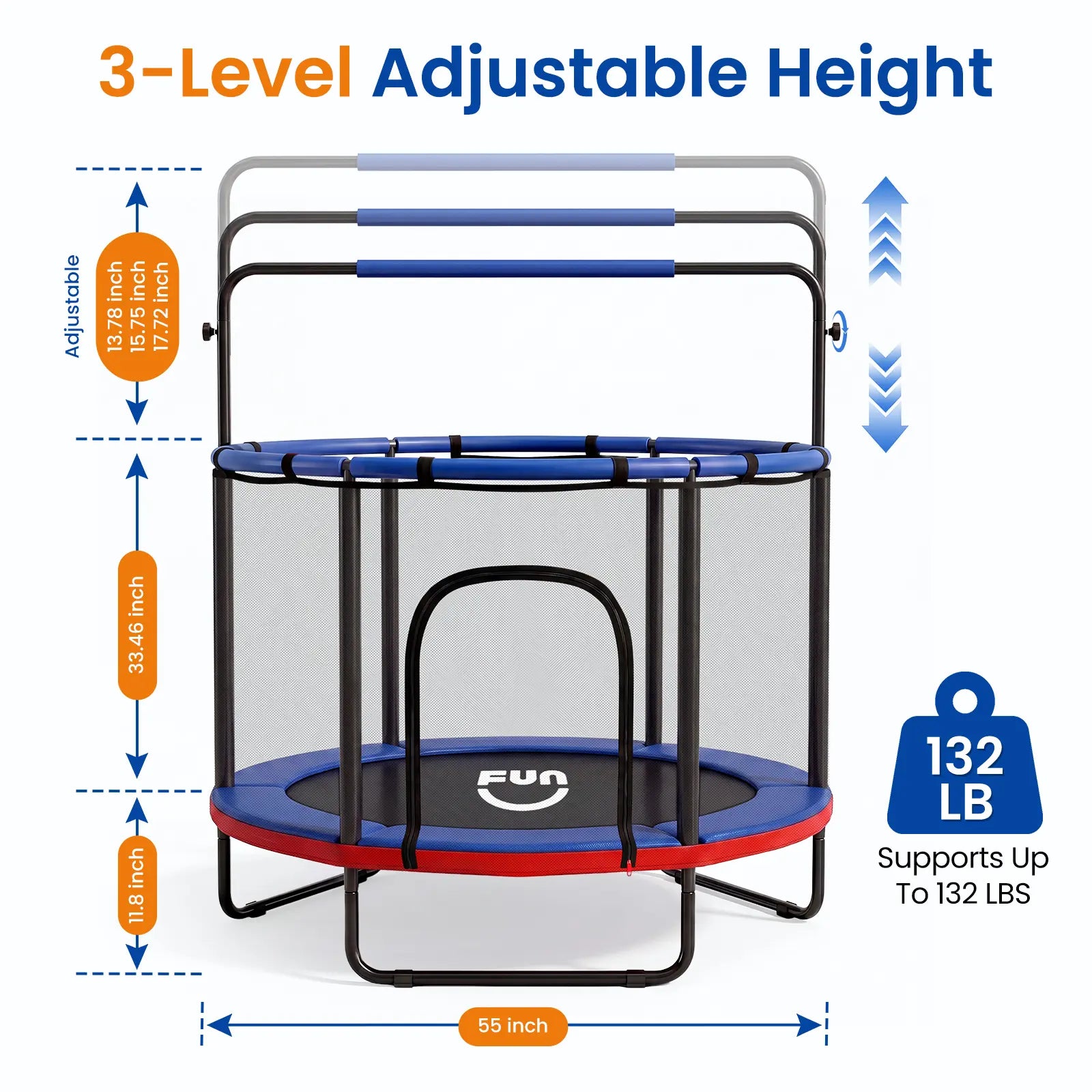 FUNSEEK 55-Inch Kids Trampoline with Safety Enclosure, Indoor and Outdoor Toddler Trampoline Featuring Basketball Hoop, Adjustable Gymnastics Bar, and Accessories, Easy Assembly, Suitable for Active Play, 132 lbs Weight Capacity