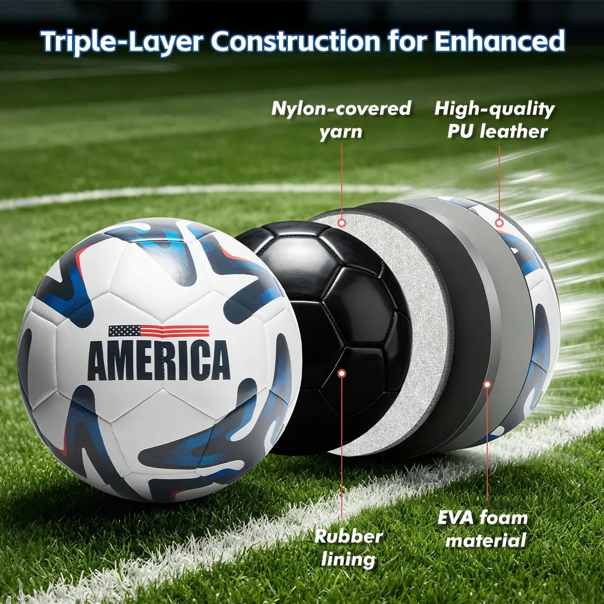 Size 5 American Flag Soccer Ball - PU Leather, Hidden Stitch, Ideal for Youth Outdoor Training