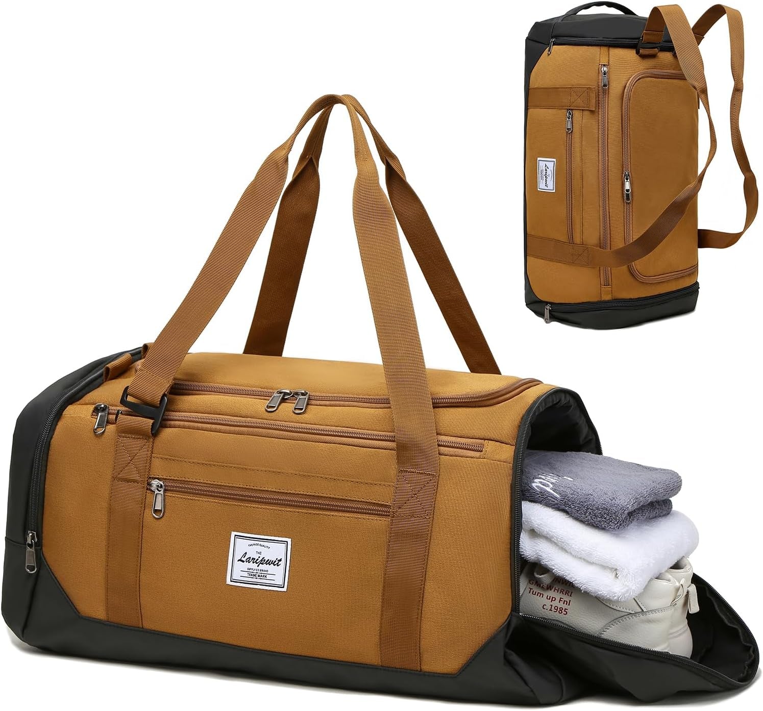 Men's 40L Medium Sports Travel Duffel Bag with Shoe Compartment and Wet Pocket - Lightweight Multipurpose Weekender Backpack for Women, Brown