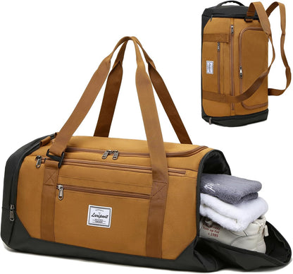 Men's 40L Medium Sports Travel Duffel Bag with Shoe Compartment and Wet Pocket - Lightweight Multipurpose Weekender Backpack for Women, Brown