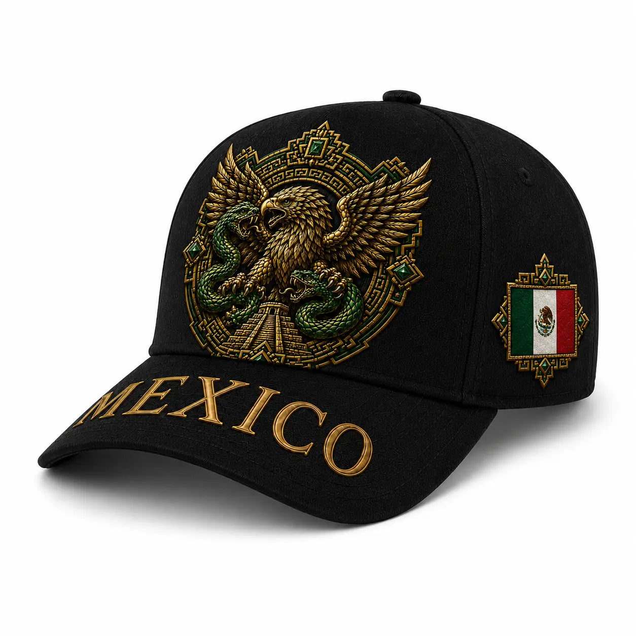Premium Black Mexico Baseball Cap with Aztec Eagle and Serpent Gold Embroidery, Featuring Mexican Flag Patch - Curved Brim Hat for Men and Women, Ideal for Casual Outdoor Events, Fiesta Celebrations, and Sports Enthusiasts