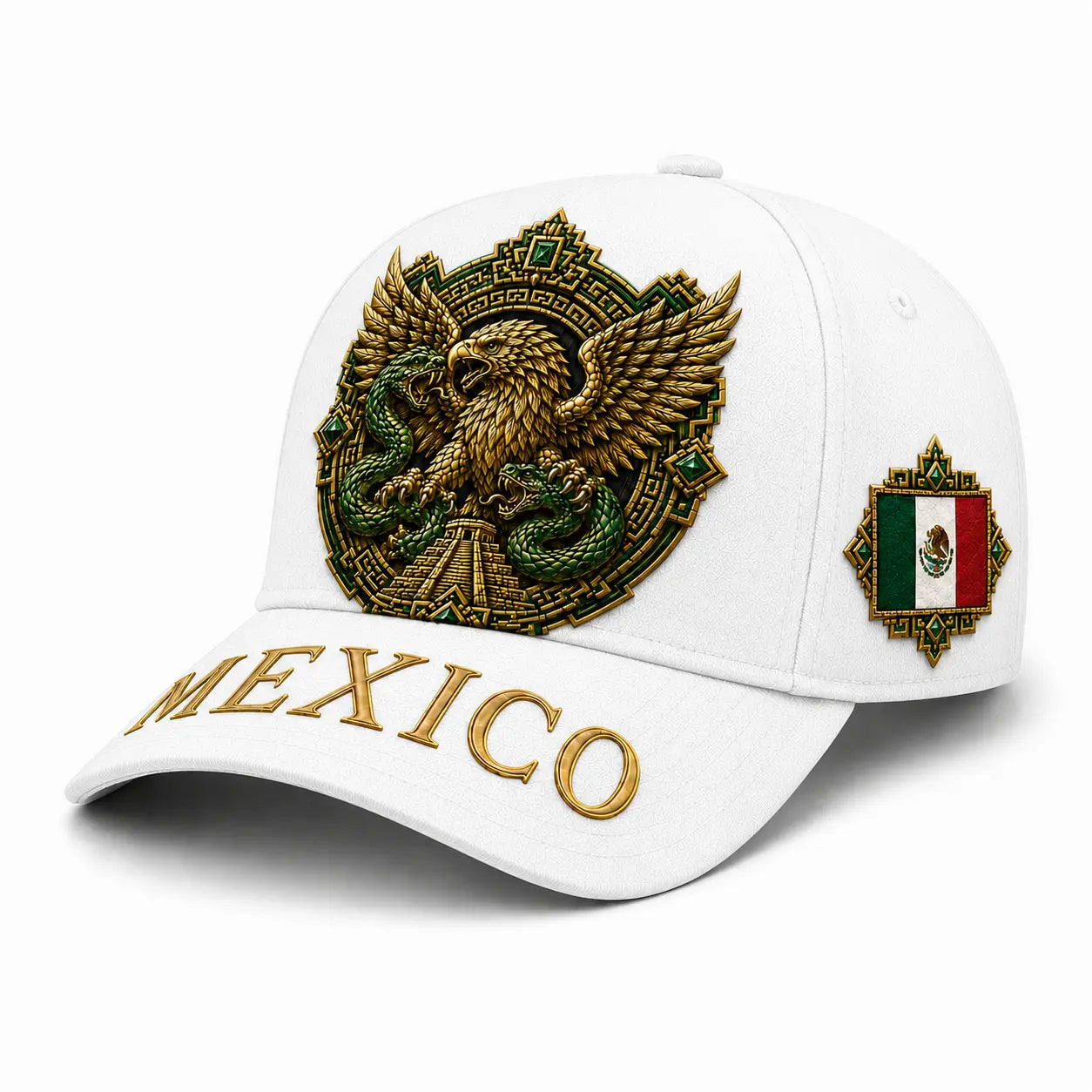 Premium Black Mexico Baseball Cap with Aztec Eagle and Serpent Gold Embroidery, Featuring Mexican Flag Patch - Curved Brim Hat for Men and Women, Ideal for Casual Outdoor Events, Fiesta Celebrations, and Sports Enthusiasts