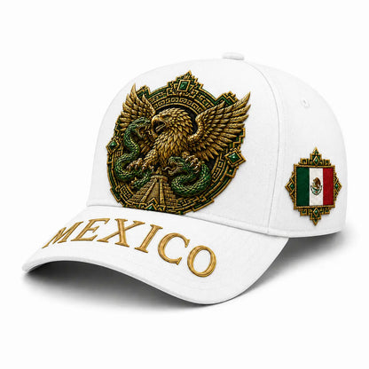 Premium Black Mexico Baseball Cap with Aztec Eagle and Serpent Gold Embroidery, Featuring Mexican Flag Patch - Curved Brim Hat for Men and Women, Ideal for Casual Outdoor Events, Fiesta Celebrations, and Sports Enthusiasts