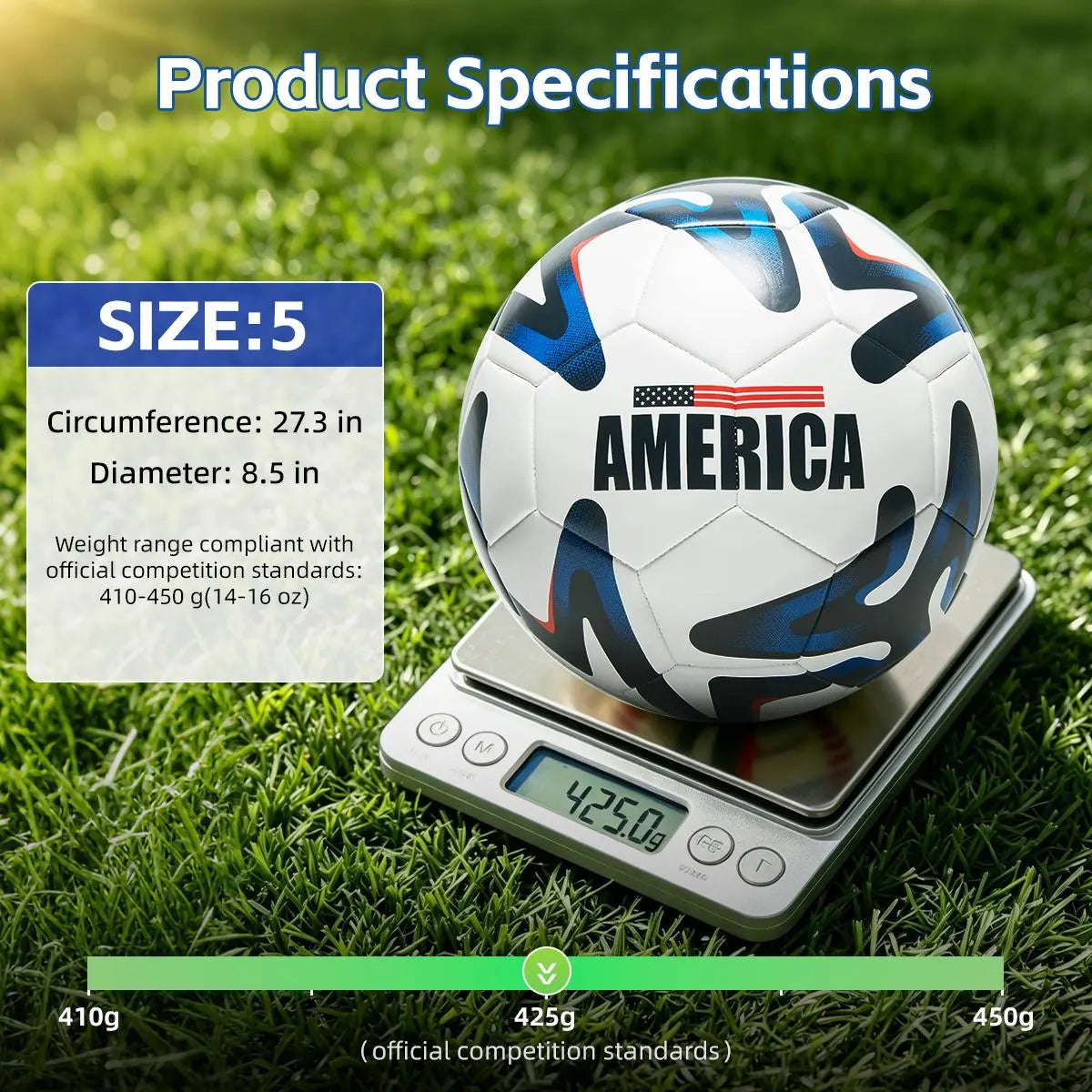 Size 5 American Flag Soccer Ball - PU Leather, Hidden Stitch, Ideal for Youth Outdoor Training