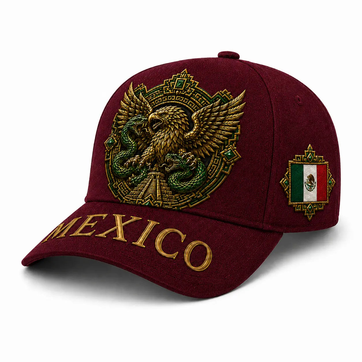 Premium Black Mexico Baseball Cap with Aztec Eagle and Serpent Gold Embroidery, Featuring Mexican Flag Patch - Curved Brim Hat for Men and Women, Ideal for Casual Outdoor Events, Fiesta Celebrations, and Sports Enthusiasts