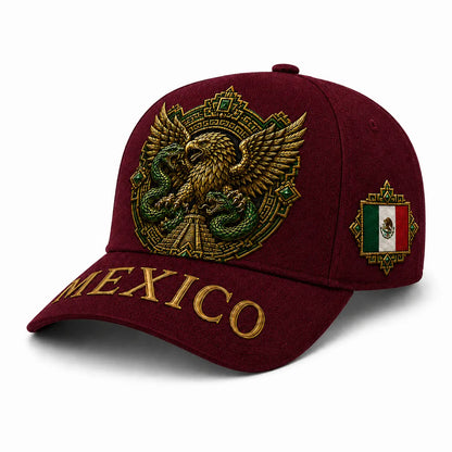 Premium Black Mexico Baseball Cap with Aztec Eagle and Serpent Gold Embroidery, Featuring Mexican Flag Patch - Curved Brim Hat for Men and Women, Ideal for Casual Outdoor Events, Fiesta Celebrations, and Sports Enthusiasts