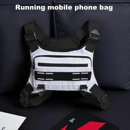 Adjustable Reflective Running Vest with Phone Holder and Breathable Design for Sports Activities