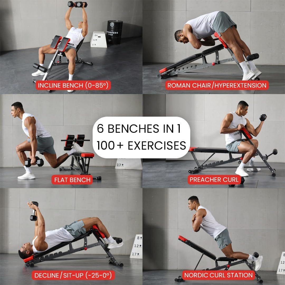 Finer Form Multi-Functional FID Weight Bench for Comprehensive Full-Body Workouts – Includes Hyper Back Extension, Roman Chair, Adjustable Ab Sit-Up Bench, Incline/Decline Bench, and Flat Bench