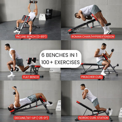 Finer Form Multi-Functional FID Weight Bench for Comprehensive Full-Body Workouts – Includes Hyper Back Extension, Roman Chair, Adjustable Ab Sit-Up Bench, Incline/Decline Bench, and Flat Bench
