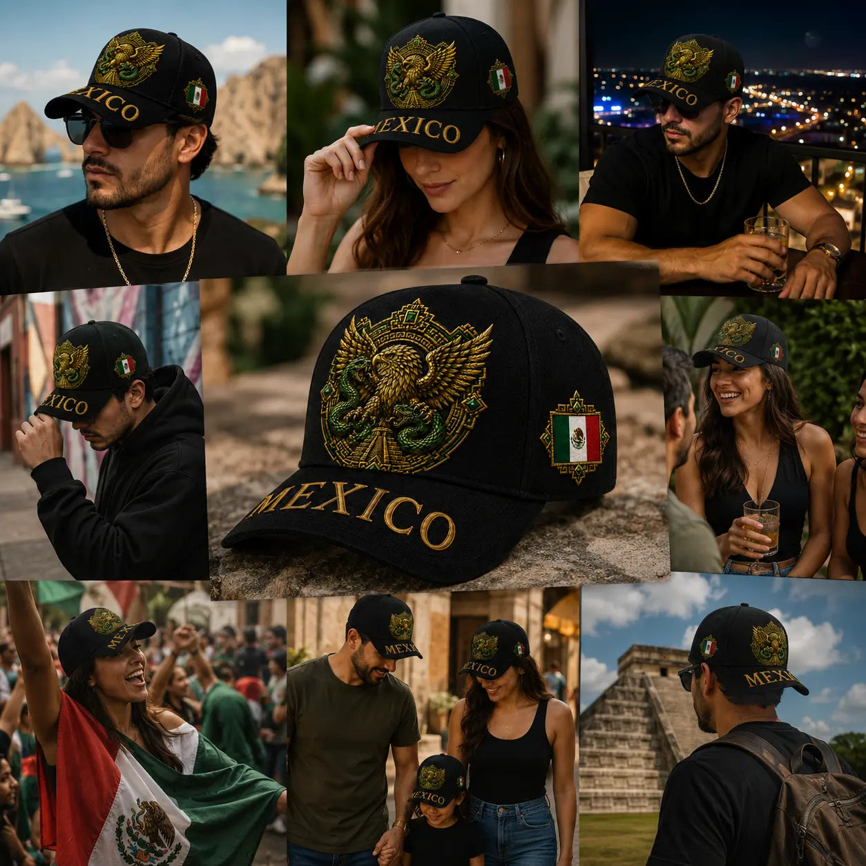 Premium Black Mexico Baseball Cap with Aztec Eagle and Serpent Gold Embroidery, Featuring Mexican Flag Patch - Curved Brim Hat for Men and Women, Ideal for Casual Outdoor Events, Fiesta Celebrations, and Sports Enthusiasts