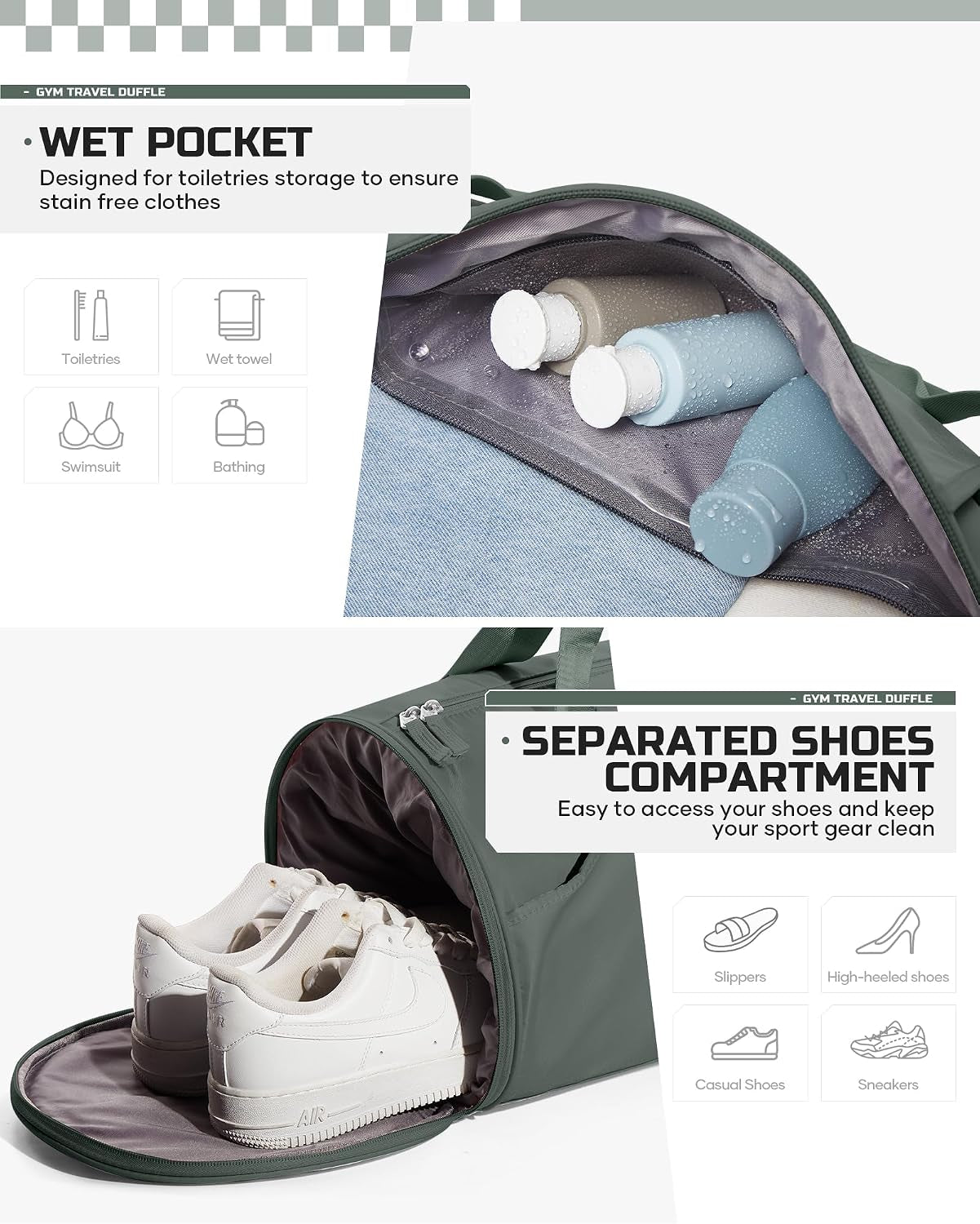 Professional Gym Duffle Bag for Men and Women with Separate Wet and Shoe Compartment - Ideal for Travel, Sports, Workouts, Overnight Stays, and Weekend Getaways - Dark Green