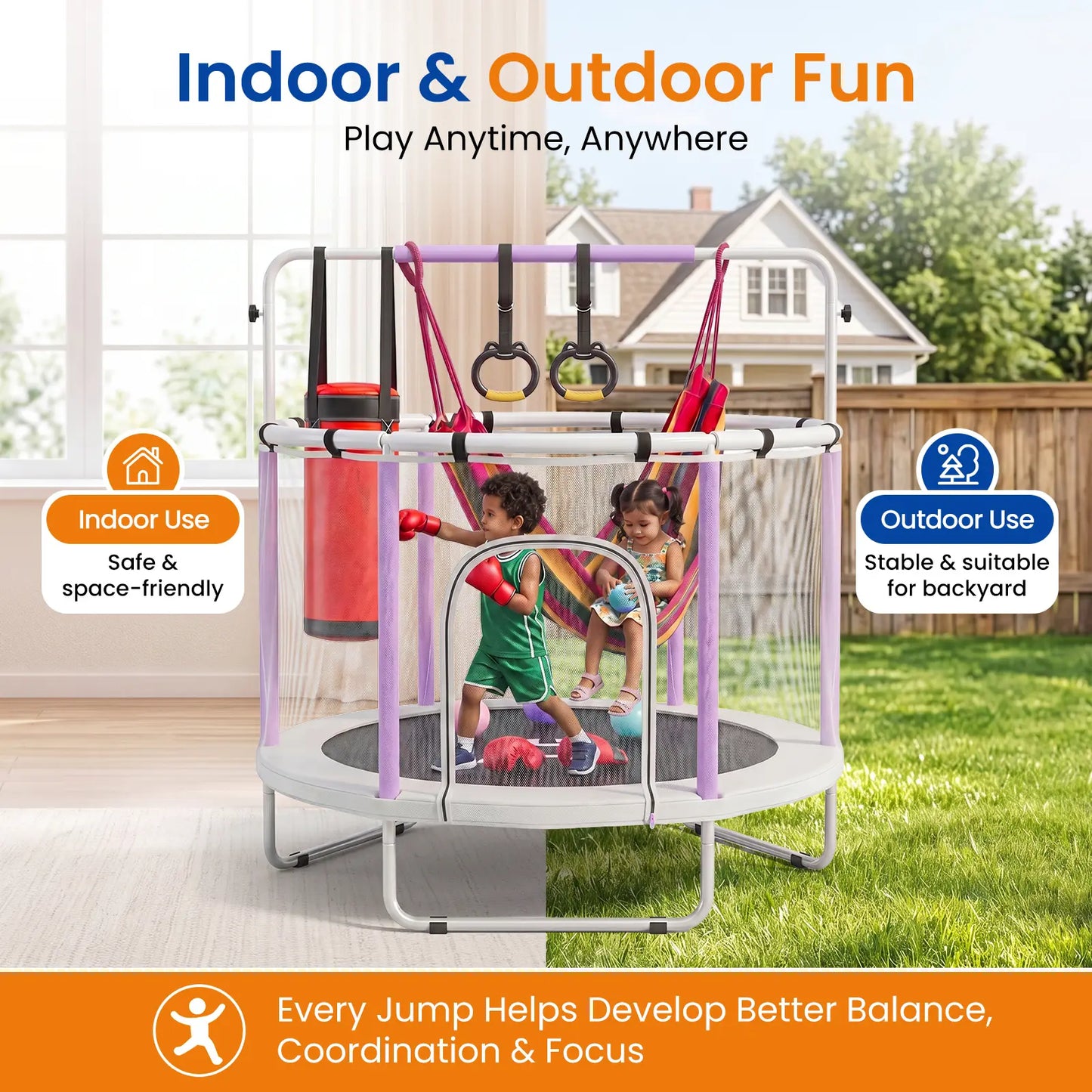 FUNSEEK 55-Inch Kids Trampoline with Safety Enclosure, Indoor and Outdoor Toddler Trampoline Featuring Basketball Hoop, Adjustable Gymnastics Bar, and Accessories, Easy Assembly, Suitable for Active Play, 132 lbs Weight Capacity