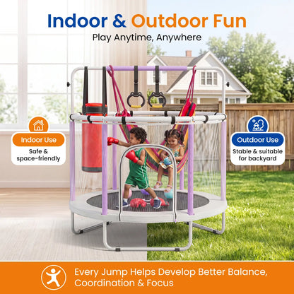 FUNSEEK 55-Inch Kids Trampoline with Safety Enclosure, Indoor and Outdoor Toddler Trampoline Featuring Basketball Hoop, Adjustable Gymnastics Bar, and Accessories, Easy Assembly, Suitable for Active Play, 132 lbs Weight Capacity
