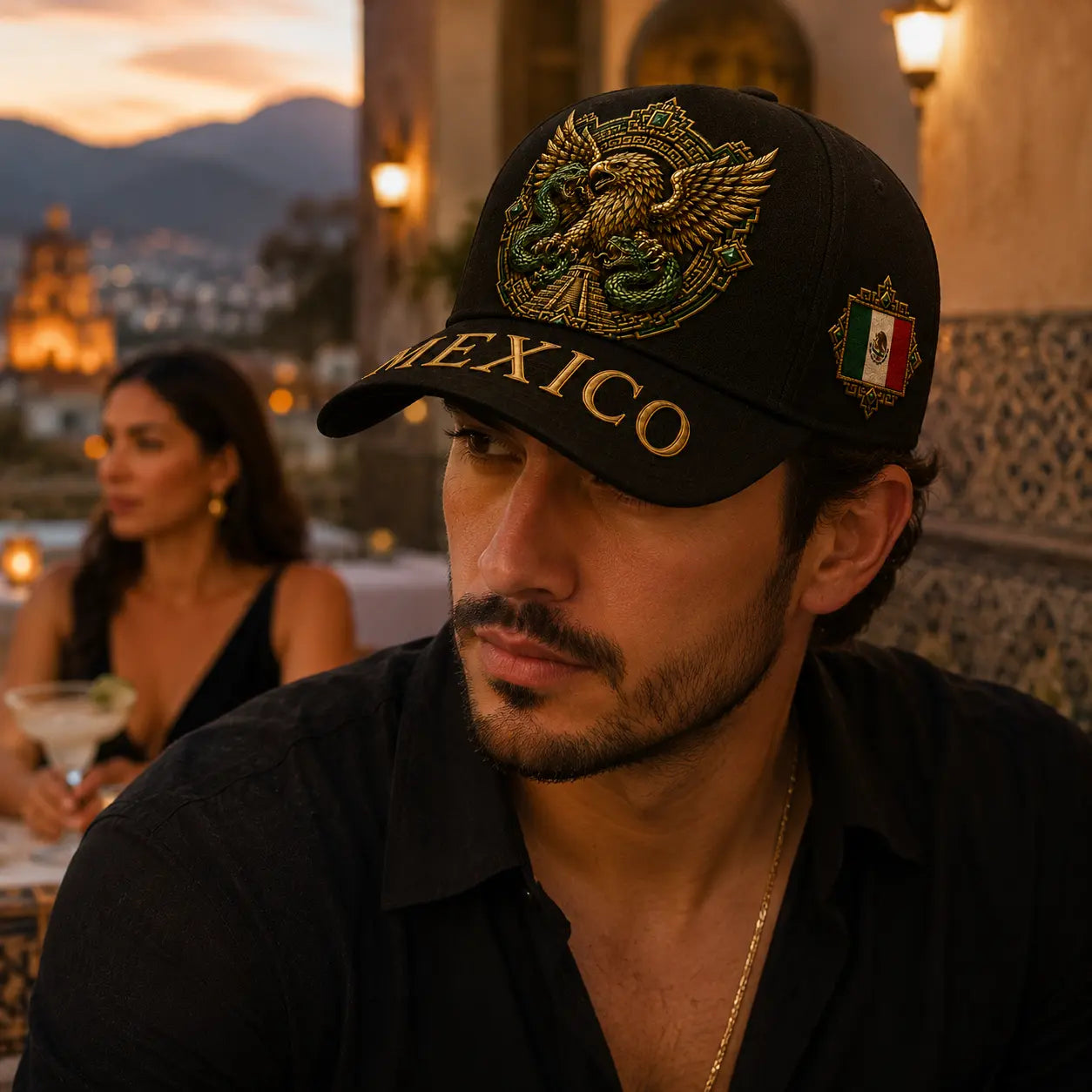 Premium Black Mexico Baseball Cap with Aztec Eagle and Serpent Gold Embroidery, Featuring Mexican Flag Patch - Curved Brim Hat for Men and Women, Ideal for Casual Outdoor Events, Fiesta Celebrations, and Sports Enthusiasts