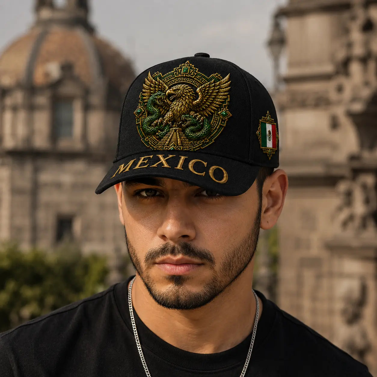Premium Black Mexico Baseball Cap with Aztec Eagle and Serpent Gold Embroidery, Featuring Mexican Flag Patch - Curved Brim Hat for Men and Women, Ideal for Casual Outdoor Events, Fiesta Celebrations, and Sports Enthusiasts