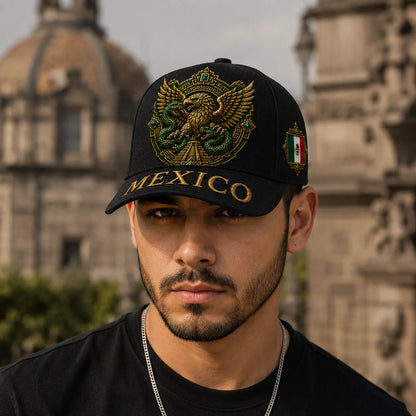 Premium Black Mexico Baseball Cap with Aztec Eagle and Serpent Gold Embroidery, Featuring Mexican Flag Patch - Curved Brim Hat for Men and Women, Ideal for Casual Outdoor Events, Fiesta Celebrations, and Sports Enthusiasts