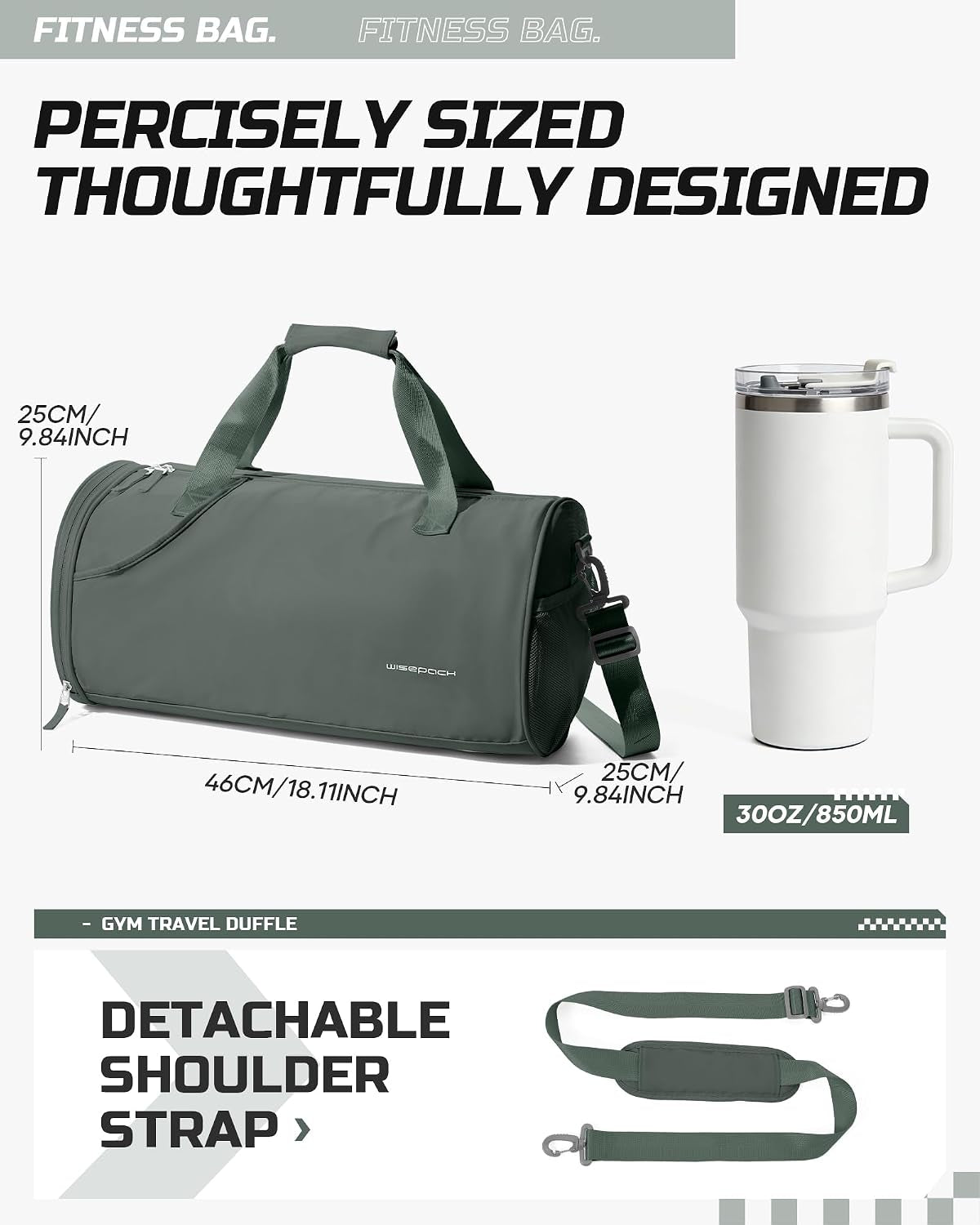 Professional Gym Duffle Bag for Men and Women with Separate Wet and Shoe Compartment - Ideal for Travel, Sports, Workouts, Overnight Stays, and Weekend Getaways - Dark Green