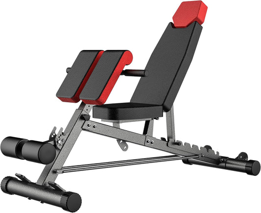 Finer Form Multi-Functional FID Weight Bench for Comprehensive Full-Body Workouts – Includes Hyper Back Extension, Roman Chair, Adjustable Ab Sit-Up Bench, Incline/Decline Bench, and Flat Bench