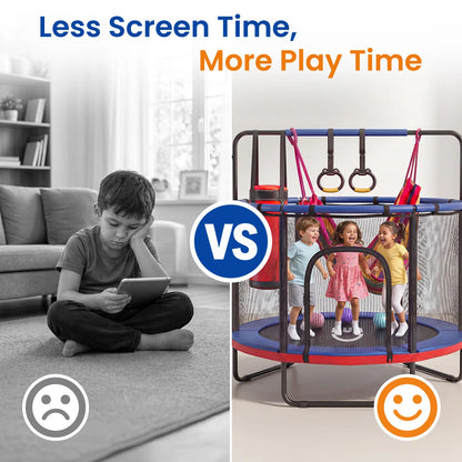 FUNSEEK 55-Inch Kids Trampoline with Safety Enclosure, Indoor and Outdoor Toddler Trampoline Featuring Basketball Hoop, Adjustable Gymnastics Bar, and Accessories, Easy Assembly, Suitable for Active Play, 132 lbs Weight Capacity