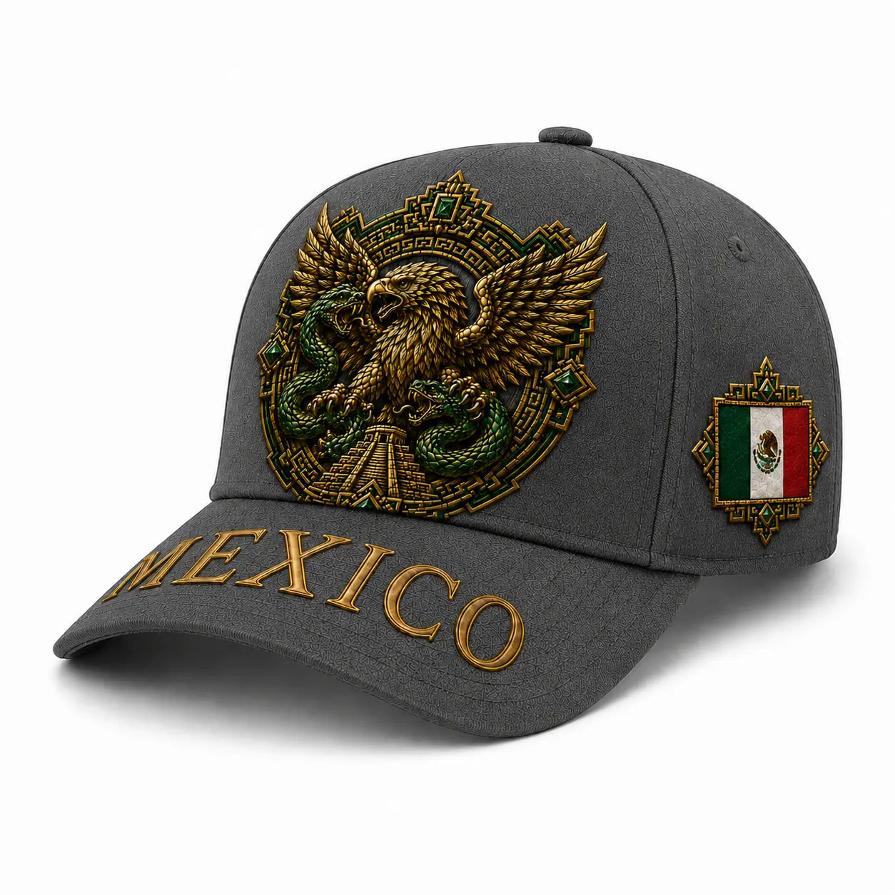 Premium Black Mexico Baseball Cap with Aztec Eagle and Serpent Gold Embroidery, Featuring Mexican Flag Patch - Curved Brim Hat for Men and Women, Ideal for Casual Outdoor Events, Fiesta Celebrations, and Sports Enthusiasts