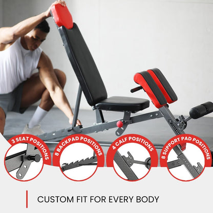 Finer Form Multi-Functional FID Weight Bench for Comprehensive Full-Body Workouts – Includes Hyper Back Extension, Roman Chair, Adjustable Ab Sit-Up Bench, Incline/Decline Bench, and Flat Bench