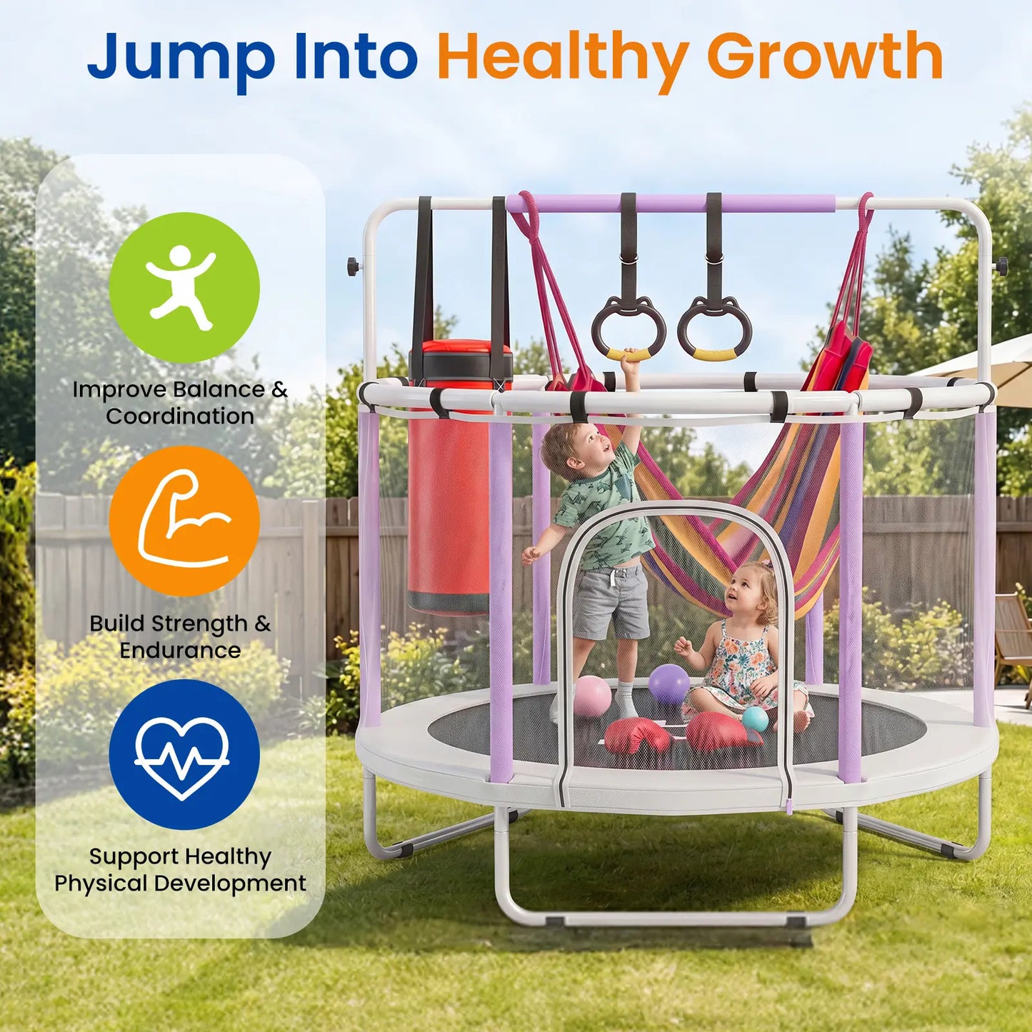 FUNSEEK 55-Inch Kids Trampoline with Safety Enclosure, Indoor and Outdoor Toddler Trampoline Featuring Basketball Hoop, Adjustable Gymnastics Bar, and Accessories, Easy Assembly, Suitable for Active Play, 132 lbs Weight Capacity
