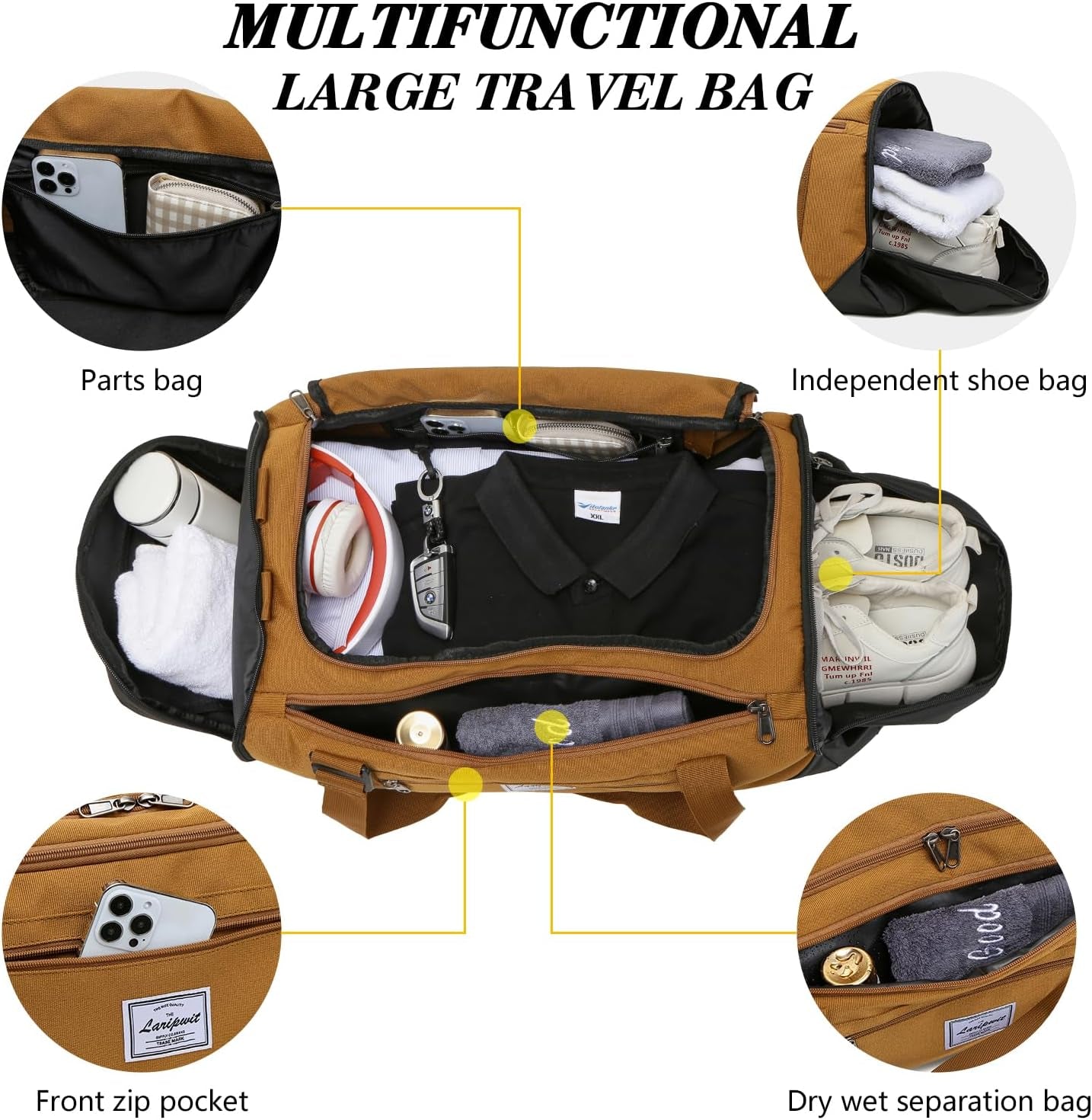 Men's 40L Medium Sports Travel Duffel Bag with Shoe Compartment and Wet Pocket - Lightweight Multipurpose Weekender Backpack for Women, Brown