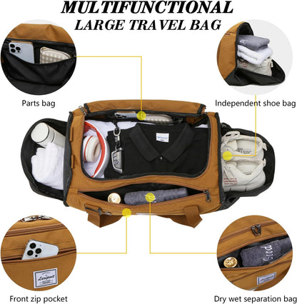 Men's 40L Medium Sports Travel Duffel Bag with Shoe Compartment and Wet Pocket - Lightweight Multipurpose Weekender Backpack for Women, Brown