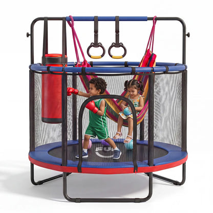 FUNSEEK 55-Inch Kids Trampoline with Safety Enclosure, Indoor and Outdoor Toddler Trampoline Featuring Basketball Hoop, Adjustable Gymnastics Bar, and Accessories, Easy Assembly, Suitable for Active Play, 132 lbs Weight Capacity