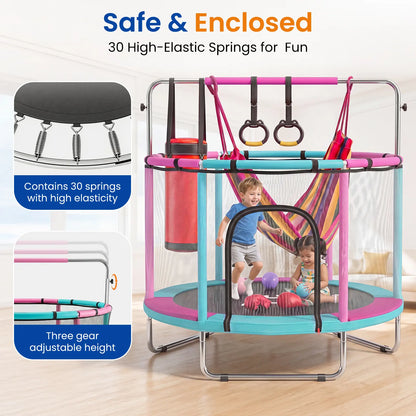 FUNSEEK 55-Inch Kids Trampoline with Safety Enclosure, Indoor and Outdoor Toddler Trampoline Featuring Basketball Hoop, Adjustable Gymnastics Bar, and Accessories, Easy Assembly, Suitable for Active Play, 132 lbs Weight Capacity