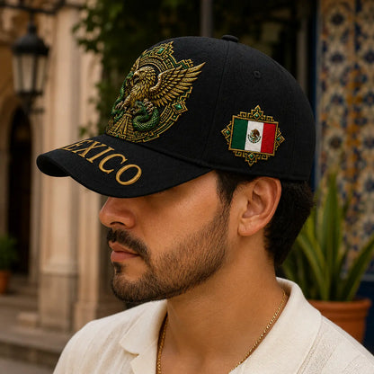 Premium Black Mexico Baseball Cap with Aztec Eagle and Serpent Gold Embroidery, Featuring Mexican Flag Patch - Curved Brim Hat for Men and Women, Ideal for Casual Outdoor Events, Fiesta Celebrations, and Sports Enthusiasts