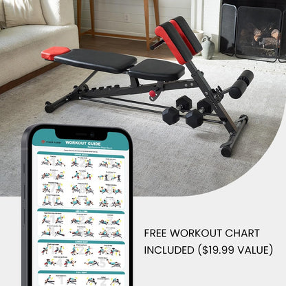 Finer Form Multi-Functional FID Weight Bench for Comprehensive Full-Body Workouts – Includes Hyper Back Extension, Roman Chair, Adjustable Ab Sit-Up Bench, Incline/Decline Bench, and Flat Bench