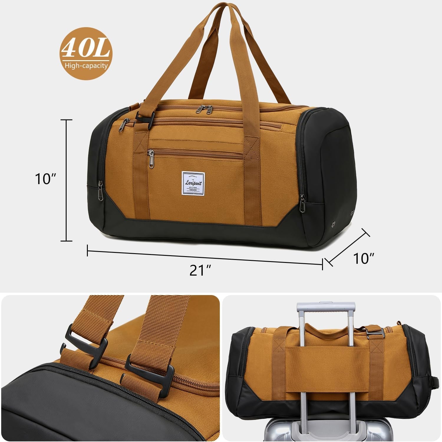 Men's 40L Medium Sports Travel Duffel Bag with Shoe Compartment and Wet Pocket - Lightweight Multipurpose Weekender Backpack for Women, Brown
