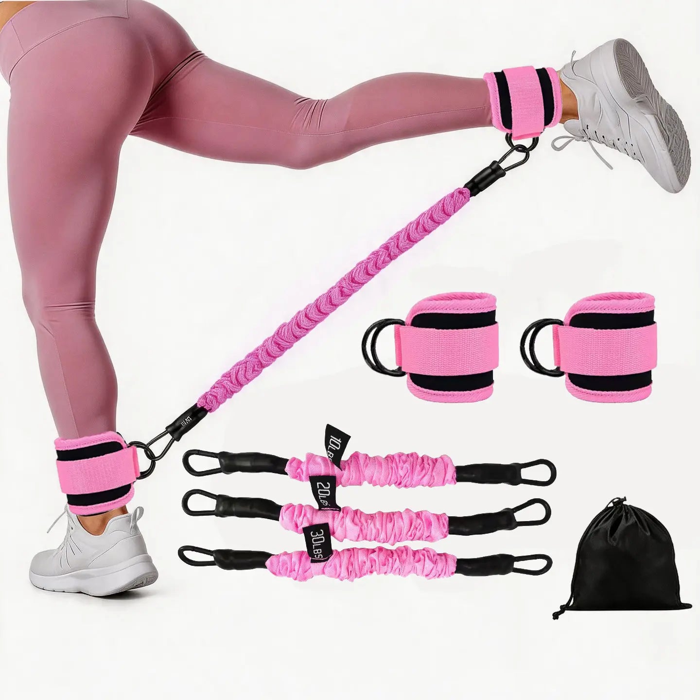 Adjustable Ankle Resistance Band Set - 3 Levels (10Lbs, 20Lbs, 30Lbs) for Glute Training and Home Gym Workouts