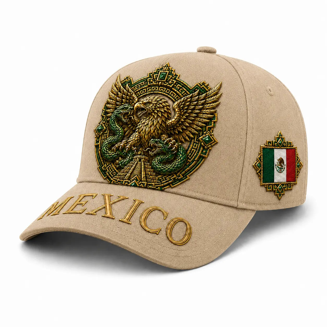Premium Black Mexico Baseball Cap with Aztec Eagle and Serpent Gold Embroidery, Featuring Mexican Flag Patch - Curved Brim Hat for Men and Women, Ideal for Casual Outdoor Events, Fiesta Celebrations, and Sports Enthusiasts