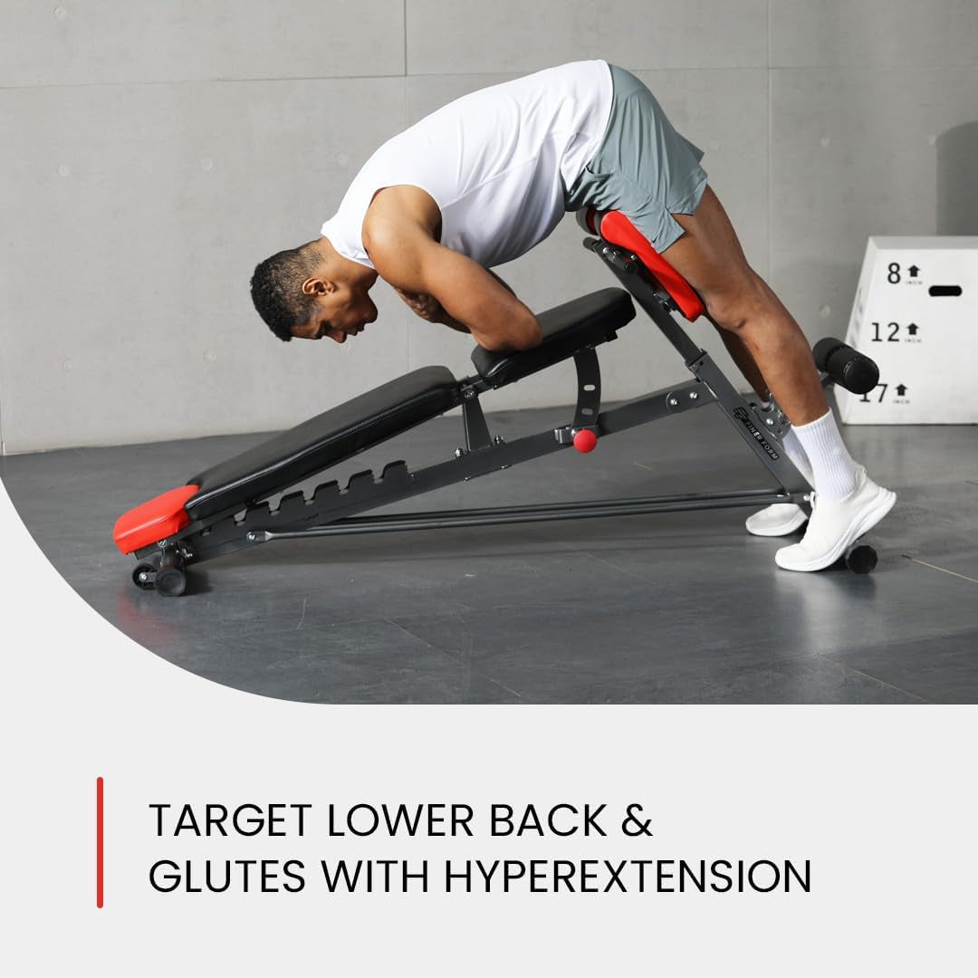 Finer Form Multi-Functional FID Weight Bench for Comprehensive Full-Body Workouts – Includes Hyper Back Extension, Roman Chair, Adjustable Ab Sit-Up Bench, Incline/Decline Bench, and Flat Bench