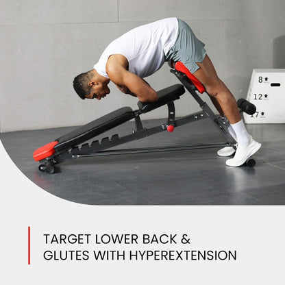 Finer Form Multi-Functional FID Weight Bench for Comprehensive Full-Body Workouts – Includes Hyper Back Extension, Roman Chair, Adjustable Ab Sit-Up Bench, Incline/Decline Bench, and Flat Bench