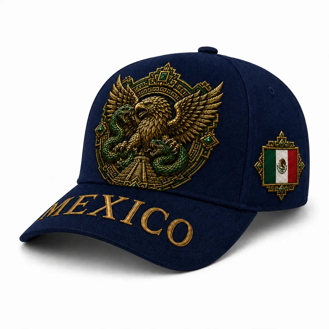 Premium Black Mexico Baseball Cap with Aztec Eagle and Serpent Gold Embroidery, Featuring Mexican Flag Patch - Curved Brim Hat for Men and Women, Ideal for Casual Outdoor Events, Fiesta Celebrations, and Sports Enthusiasts