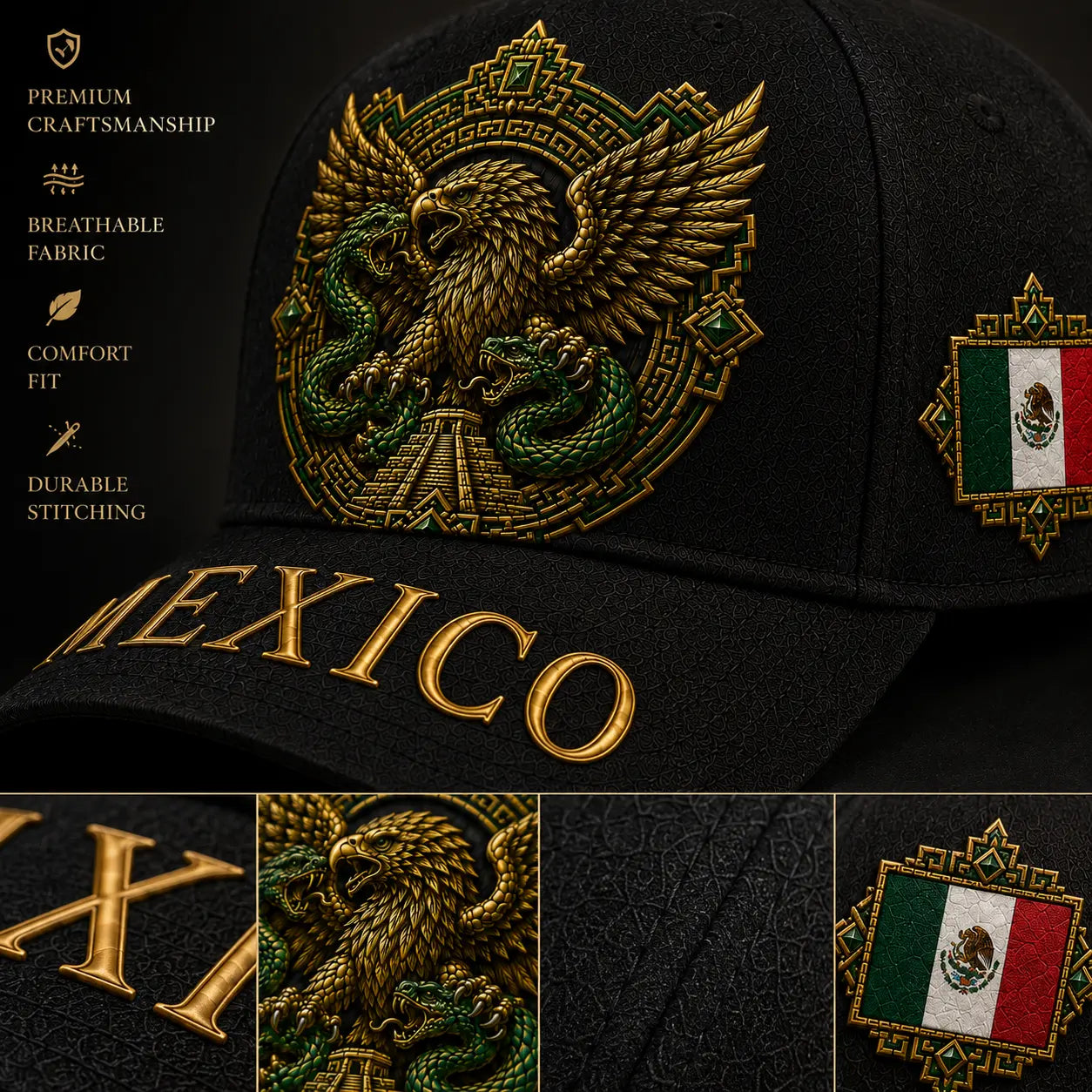 Premium Black Mexico Baseball Cap with Aztec Eagle and Serpent Gold Embroidery, Featuring Mexican Flag Patch - Curved Brim Hat for Men and Women, Ideal for Casual Outdoor Events, Fiesta Celebrations, and Sports Enthusiasts