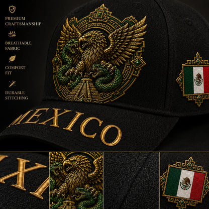 Premium Black Mexico Baseball Cap with Aztec Eagle and Serpent Gold Embroidery, Featuring Mexican Flag Patch - Curved Brim Hat for Men and Women, Ideal for Casual Outdoor Events, Fiesta Celebrations, and Sports Enthusiasts